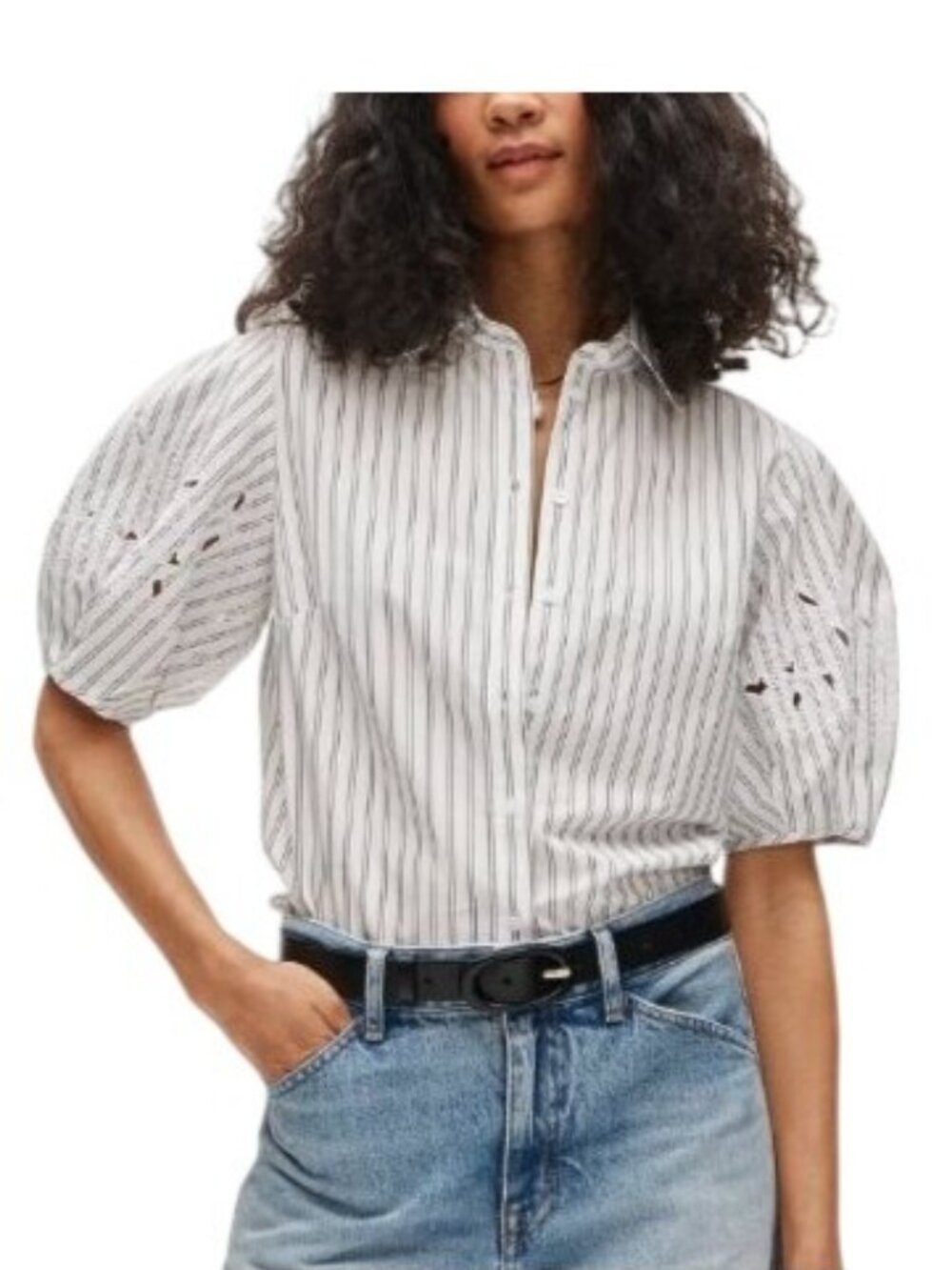 J.Crew Puff-Sleeve Shirt Sz 4 Embroidered Eyelet Striped Button-Up Short Sleeve
